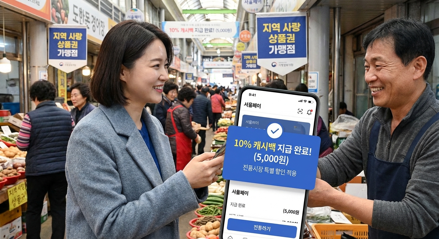 지역사랑상품권으로 전통시장에서 물건을 구매하며 캐시백 혜택을 받는 모습. 지역 경제 활성화를 나타냅니다.