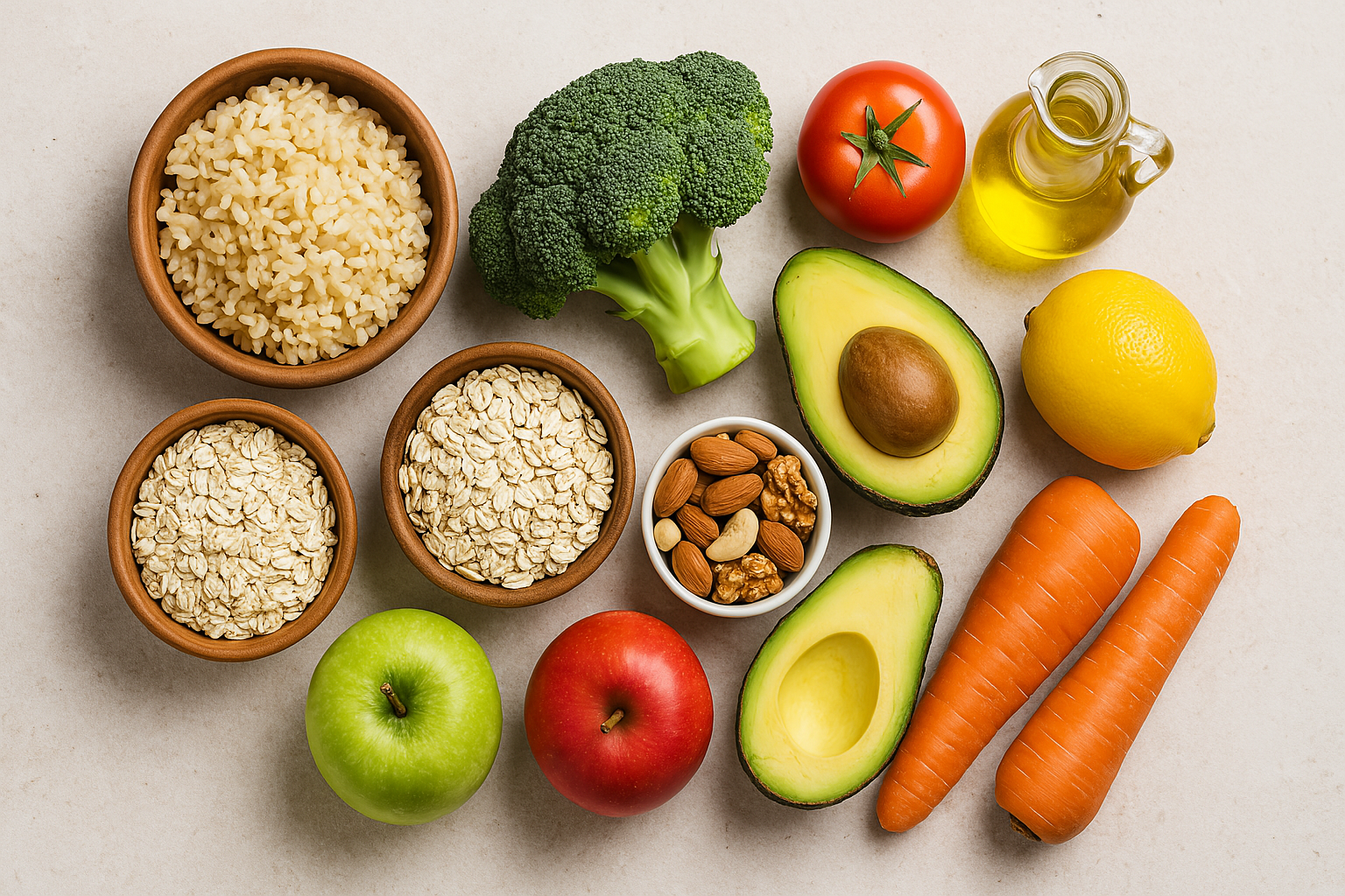 중성지방을 낮추기 위한 식단. 통곡물, 견과류, 채소와 과일