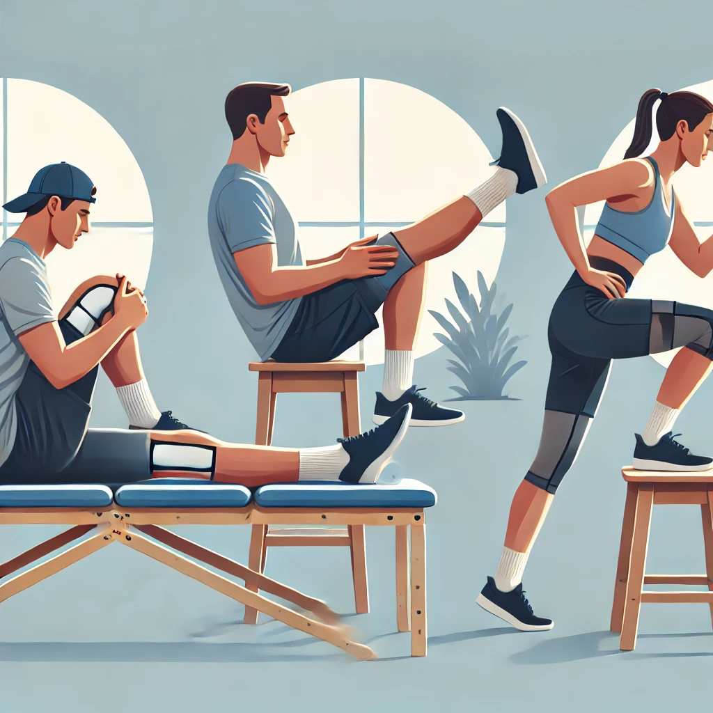 무릎 강화 운동 세 가지(의자에 앉아 무릎 펴기, 옆으로 다리 들기, 종아리 들기) 이미지