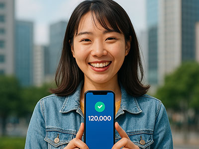 120&amp;#44;000포인트 수령 메시지를 스마트폰으로 보여주는 한국 청년 여성&amp;#44; 야외에서 활짝 웃고 있는 모습