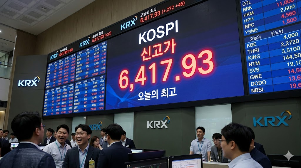 한국거래소(KRX) 전광판에 '6,417.93'이라는 빨간색 신고가 숫자가 선명하게 찍힌 현장 사진