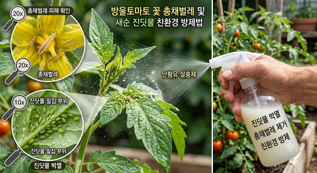 방울토마토 노란 꽃 속에 숨은 가늘고 작은 총채벌레와 새순에 붙은 진딧물을 확대하여 보여주고, 마요네즈와 물을 섞어 만든 천연 난황유 살충제를 분무기로 분사하는 농부의 손길을 표현한 실사 풍의 교육용 삽화
