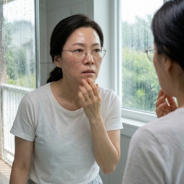 비 오는 아침 이마와 코는 기름지고 볼과 입가는 하얗게 각질이 일어나 얼굴을 만지며 고민하는 중년 여성의 실사 사진.