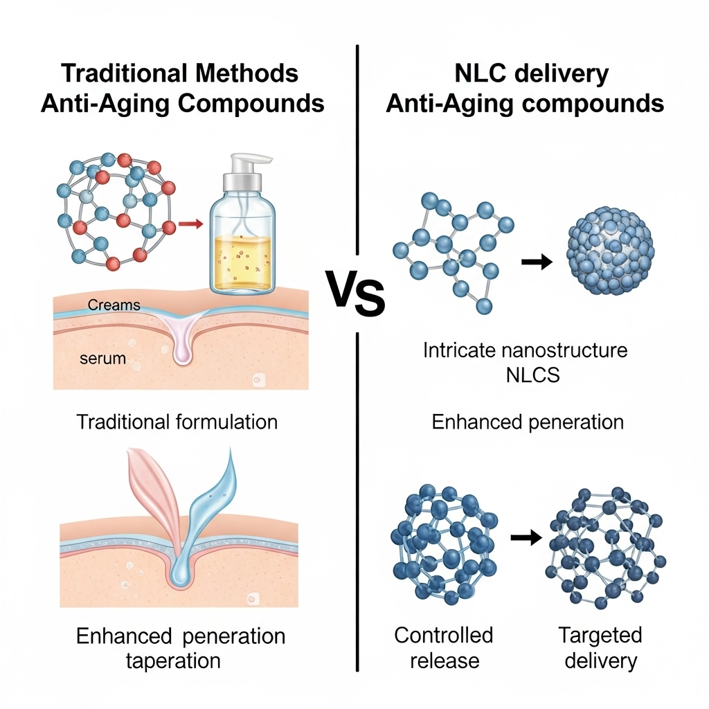 기존 항노화 성분 전달 방식(크림, 세럼 등)과 NLC 전달 방식의 차이점을 보여주는 그림."