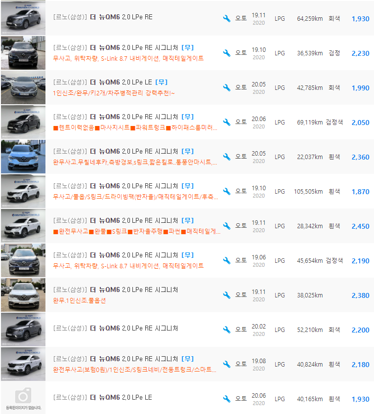 더 뉴 QM6 LPe 등급 중고차 가격 : 899만원 ~ 2,450만원
