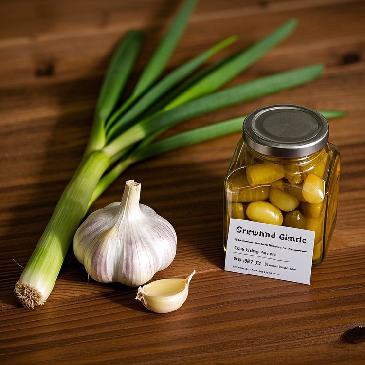 아삭한 마늘쫑 장아찌가 담긴 유리병, 옆에는 신선한 마늘쫑과 영양 정보가 적힌 카드, 건강한 식탁 위에 놓인 모습