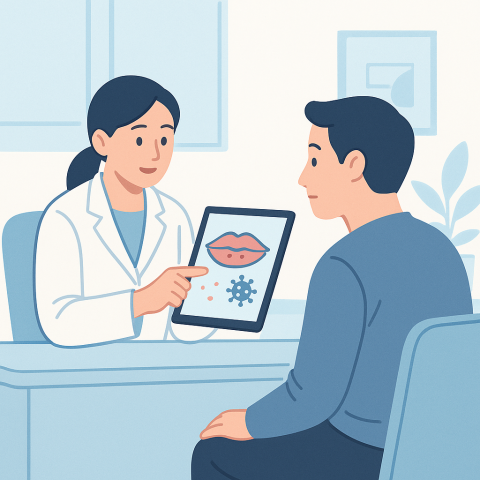 입술포진으로 병원을 찾아 의사와 상담하는 장면 일러스트