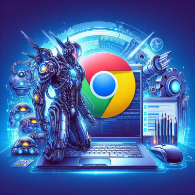 사이버 로봇과 크롬 브라우저가 함께 있는 미래적인 장면.