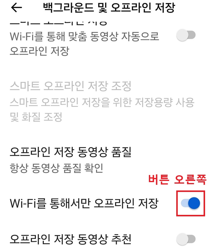 와이파이를 통해서만 오프라인 저장 메뉴의 버튼이 오른쪽으로 옮겨져있음