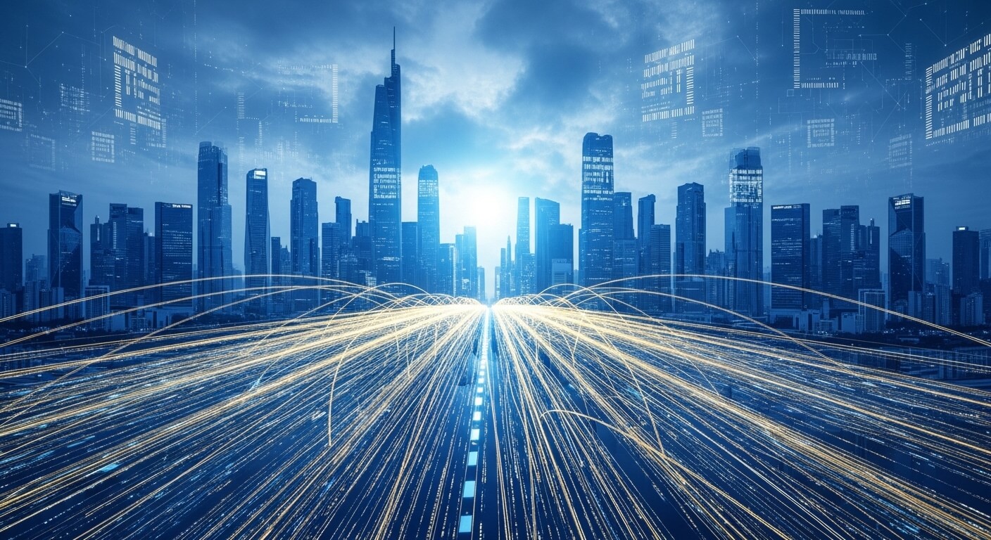 미래 도시를 가로지르는 데이터와 에너지 흐름을 시각화한 이미지