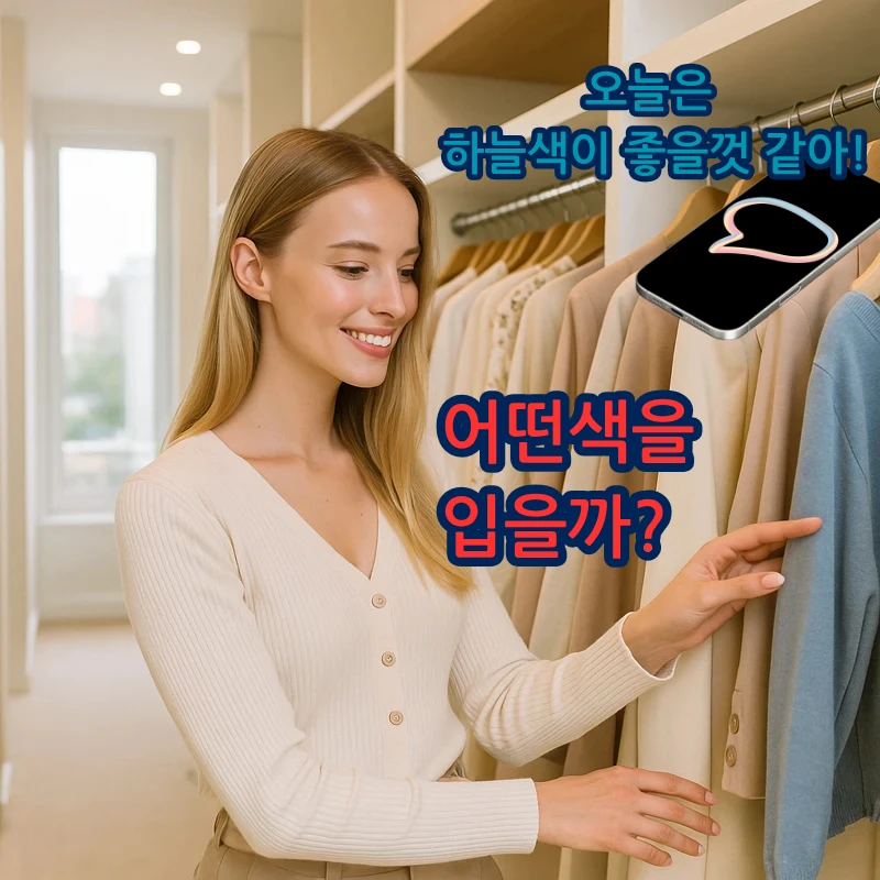AI 추천으로 하늘색 옷을 고르는 여성의 일상 패션 선택 장면