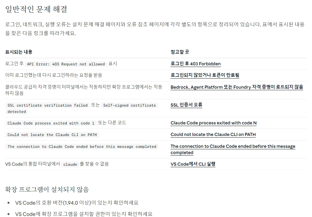 Claude Code 한국어 문서 일반적인 문제 해결 표: 로그인 후 API Error: 403 Request not allowed, 다시 로그인하라는 요청, SSL certificate verification failed, Claude Code process exited with code 1, Could not locate the Claude CLI on PATH, The connection to Claude Code ended before this message completed, 통합 터미널에서 claude 를 찾을 수 없음