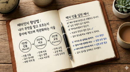 메타인지 향상법과 자기 객관화 방법을 위해 자가 진단 테스트와 '5분 지연', '가치 기록' 전략을 도표로 정리한 집중 노트와 아날로그 시계 사진