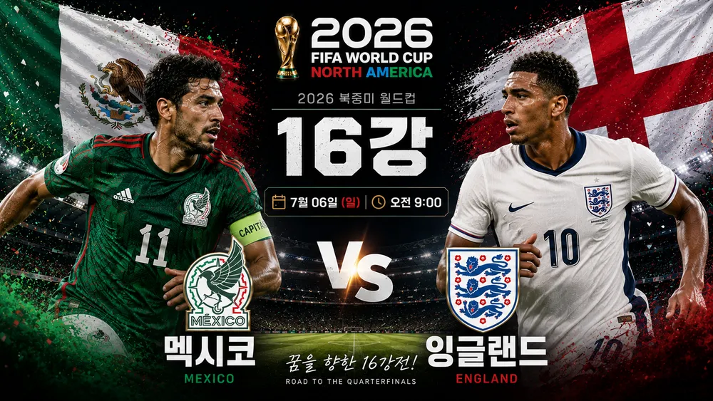 2026 FIFA 북중미 월드컵 16강전 멕시코 대 잉글랜드 경기 안내 포스터.