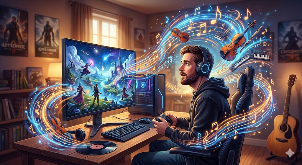 비디오 게임 음악이 주는 여운과 예술적 독창성을 시각적으로 표현한 이미지