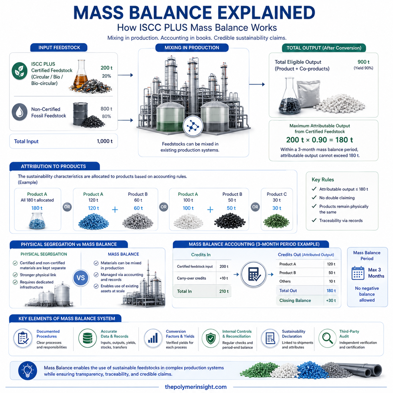 ISCC PLUS Mass Balance의 인증 원료 투입, 공정 혼합, 수율계산과 제품별 인증특성 배분 원리