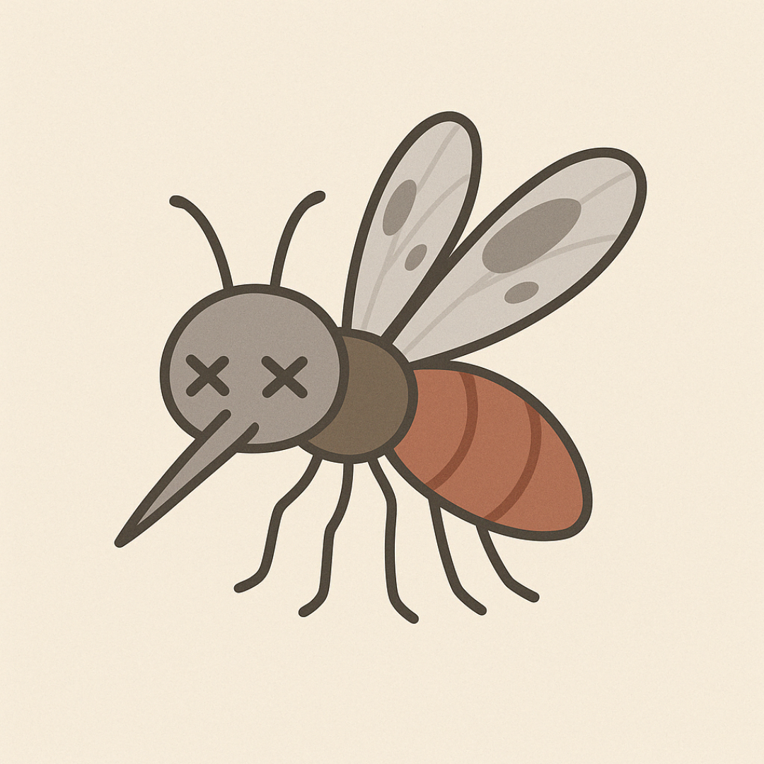 눈에 X 표시가 있는 얼룬날개모기의 일러스트, 벌레 퇴치 이미지로 사용