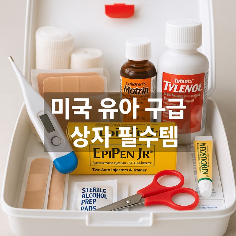 구급 상자 안에 유아용 해열제, 체온계, 밴드, 가위, 에피펜, 소독솜 등이 가지런히 놓여 있으며, 중앙에는 ‘미국 유아 구급 상자 필수템’이라는 문구가 적혀 있다