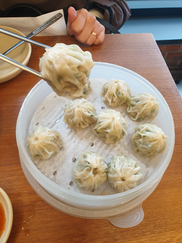 플라스틱 찜기에 만두 9개가 놓여있고 하나는 젓가락으로 집어들고 있다.