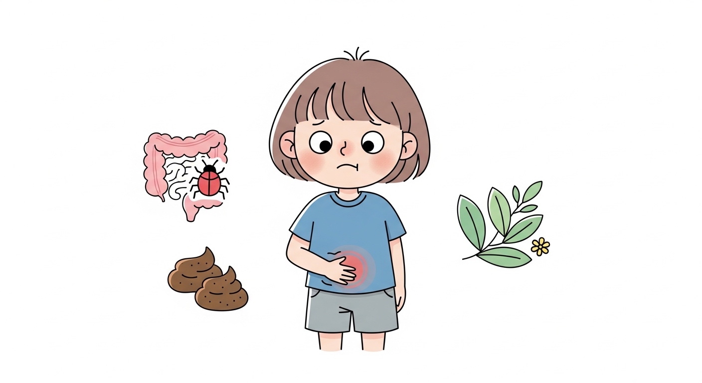 왼쪽 아랫배 통증을 호소하는 아이와 장염, 변비 등 흔한 원인들을 나타내는 귀여운 삽화.