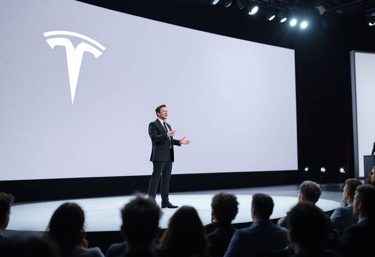 무대에서 테슬라 비전을 발표하는 일론 머스크