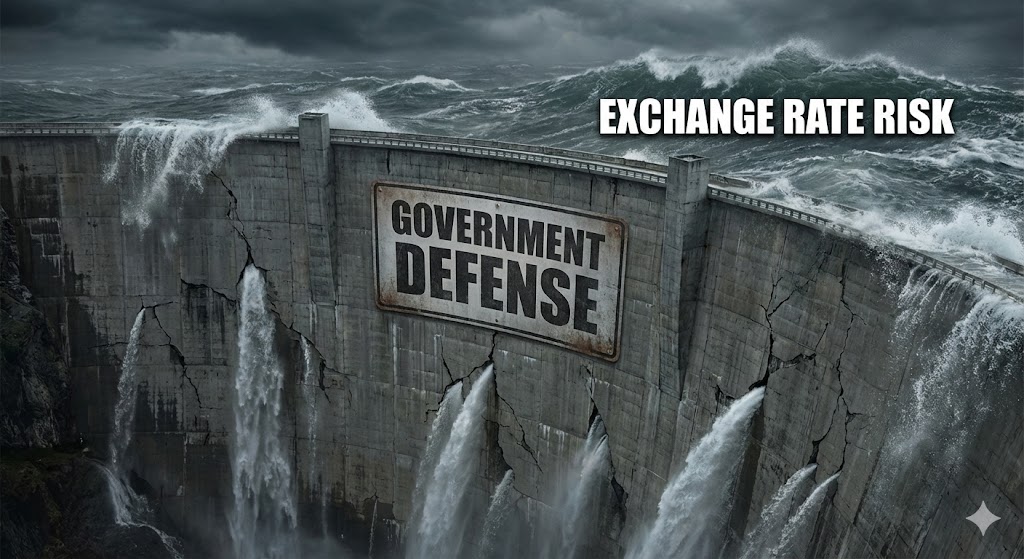 거대한 댐(정부 개입)이 넘실대는 물(고환율)을 힘겹게 막고 있지만, 곳곳에 균열이 가고 있는 위태로운 모습