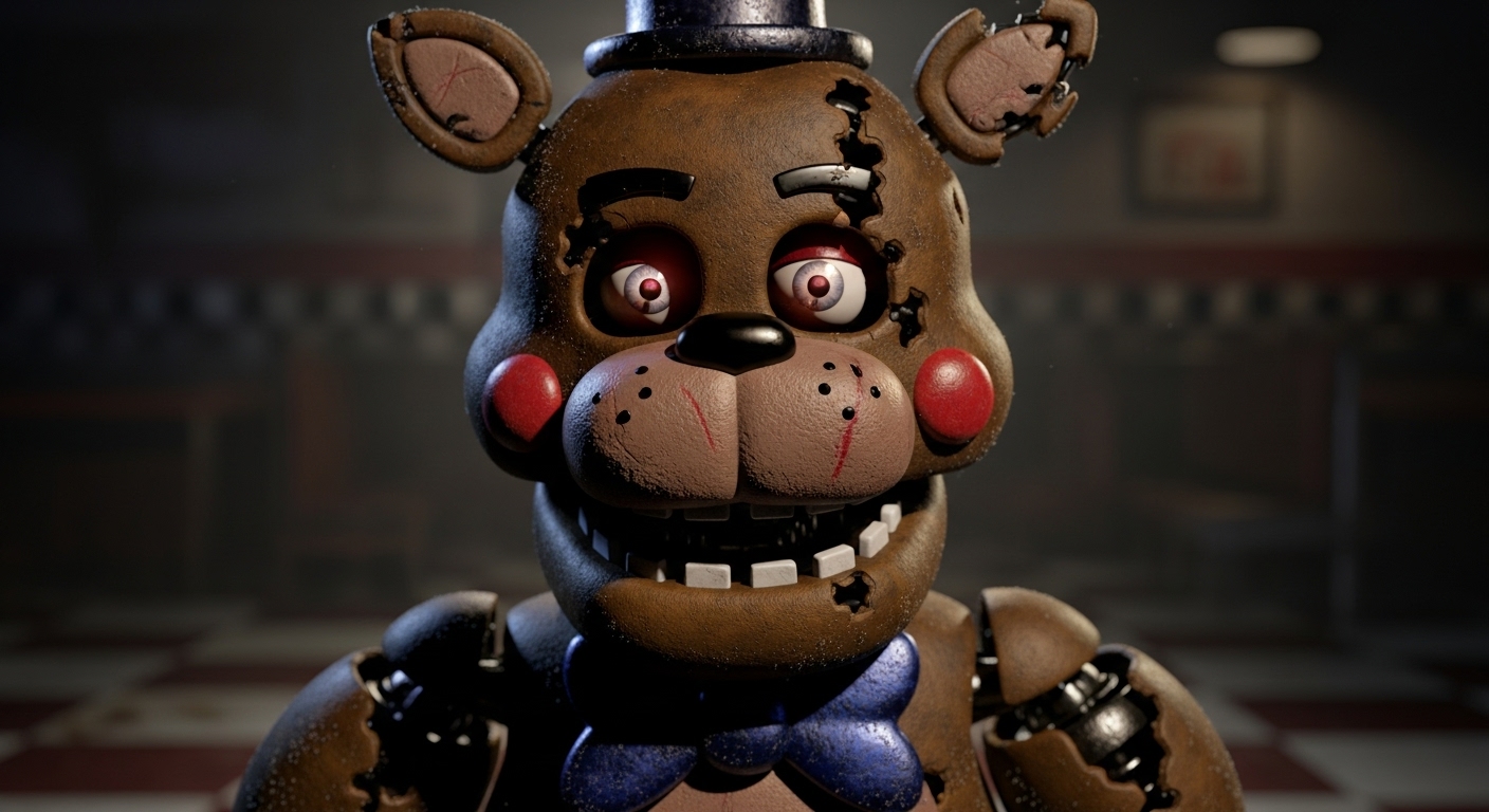 어둡고 먼지 쌓인 피자 가게에서 빛나는 눈을 가진, 약간 손상된 토이 프레디 애니마트로닉스. 섬뜩한 표정과 정교한 디테일이 공포감을 더한다.