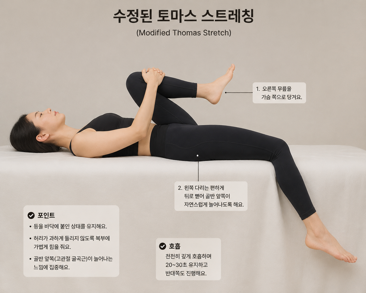 등을 침대에 붙이고 시행하는 수정된 토마스 스트레칭 자세