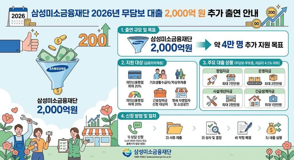 삼성미소금융재단 2026년 무담보 대출 2,000억원 추가 출연 안내 인포그래픽