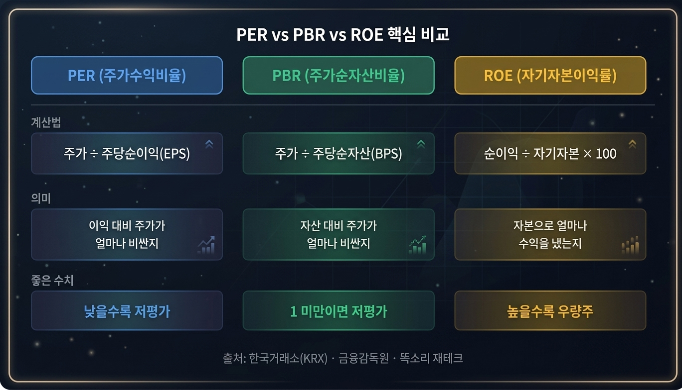 PER vs PBR vs ROE 핵심 비교 인포그래픽