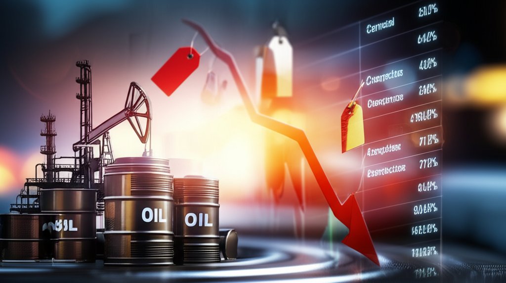 유가 급등으로 인한 물가 상승과 기업 실적 하락을 시각화한 영화 스틸컷 느낌의 시네마틱 포토, 역광/필름그레인/블러 배경