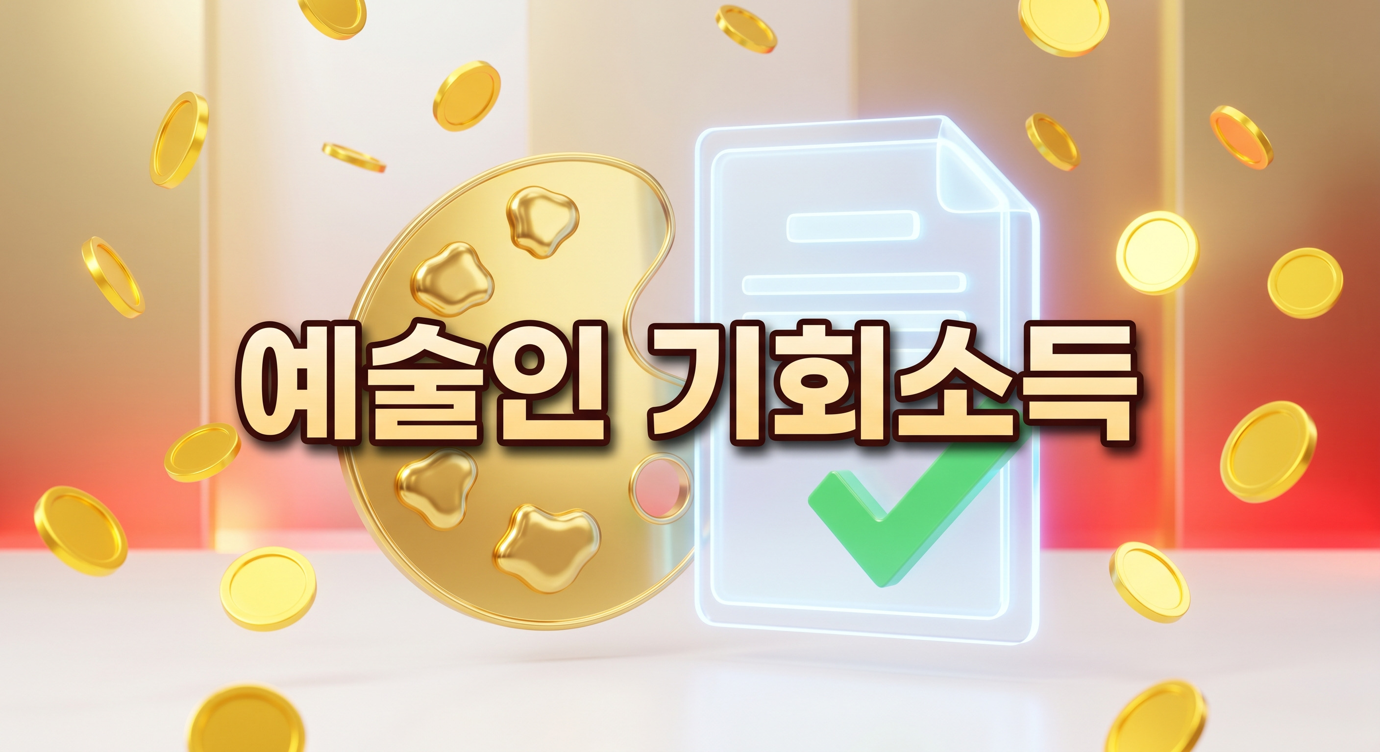 황금빛 미술 팔레트와 선명한 초록색 체크 표시가 있는 빛나는 디지털 증명서 주변으로 금화가 떨어지는 3D 일러스트 배경에, 짙은 그림자와 외곽선으로 선명하게 강조된 '예술인 기회소득'이라는 한글 문구가 중앙에 적힌 이미지