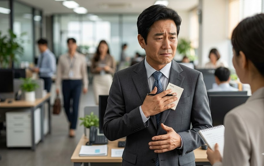 다른 사람의 요구를 거절하며 난처해하는 한국인 직장 남성 이미지