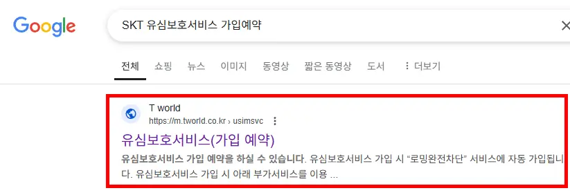 포털사이트-SKT-유심보호서비스-예약-검색한화면