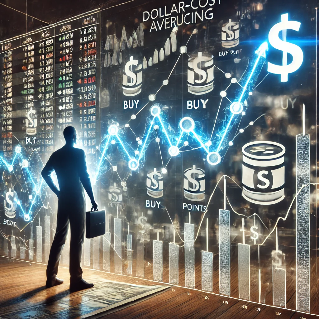 "주식 투자에서 분할 매수 전략을 나타내는 그래프. 일정한 간격으로 여러 번 매수하여 평균 매입 단가를 낮추는 투자 방식 설명."