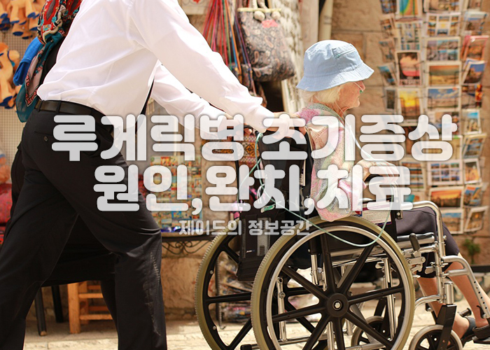 루게릭병 환자와 휠체어 그리고 보호자 이미지