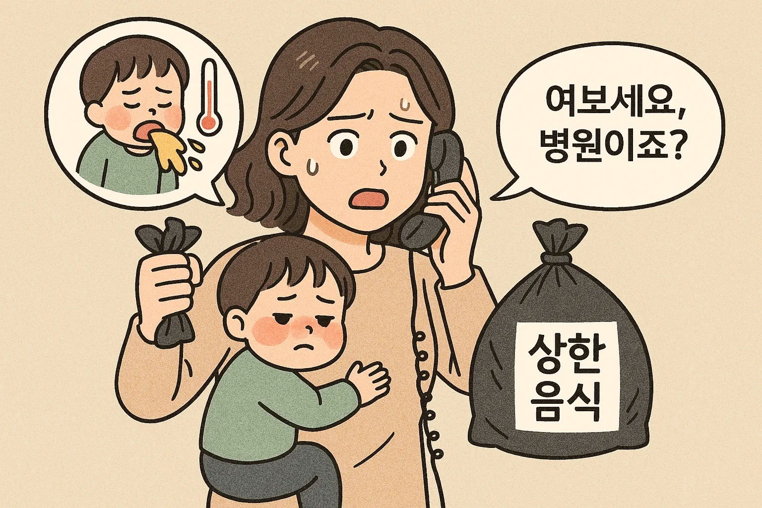 식중독에-걸린-아이와-전화하는-엄마