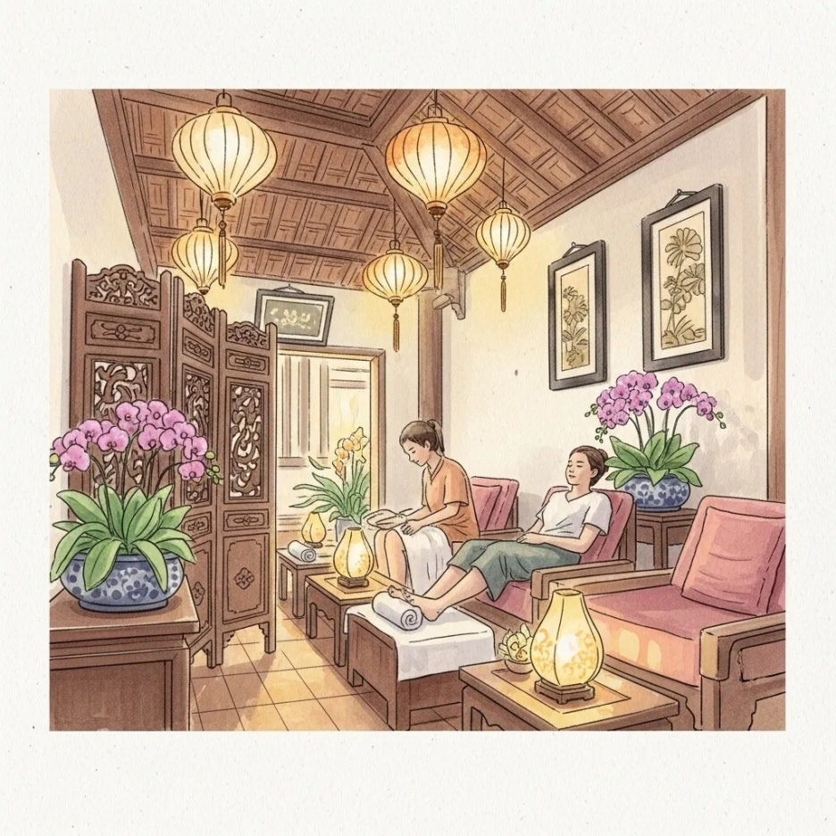 베트남 현지 이발소나 스파에서 편안한 시간을 보내는 모습