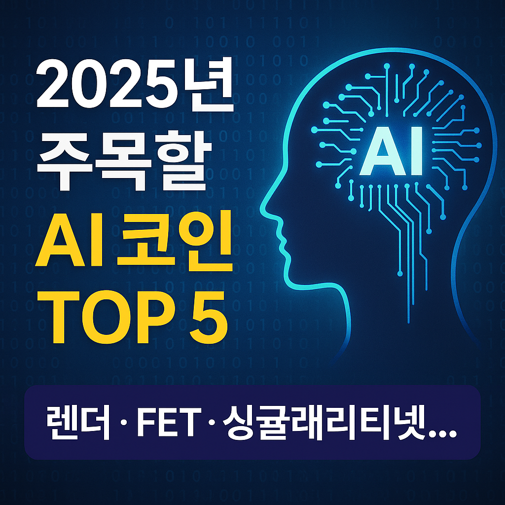 2025년 주목해야 할 AI 코인 TOP 5: 렌더, Fetch.ai, SingularityNET 등의 인공지능 기반 암호화폐 프로젝트를 시각적으로 요약한 대표 이미지"
