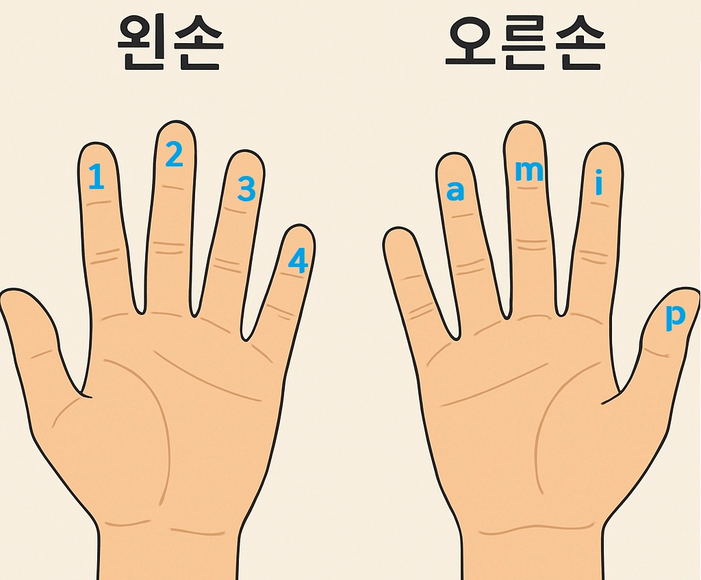 기타 줄 번호와 손가락 번호 매칭 훈련 예시 – 오른손 pima 시스템