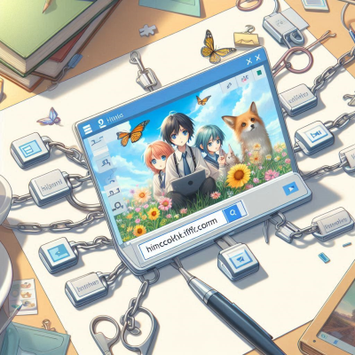 웹사이트 화면을 다루는 남성과 주변 아이콘들