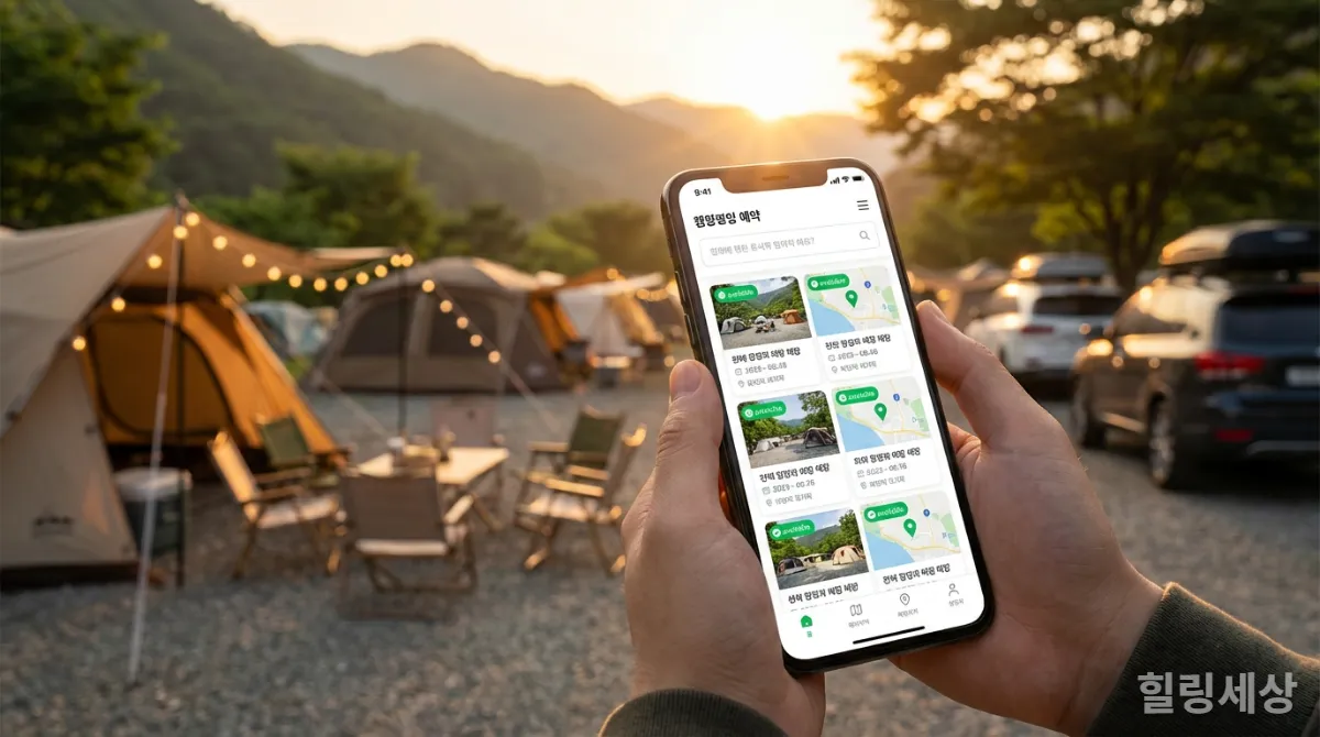 스마트폰으로 캠핑장 예약 앱을 사용하는 모습