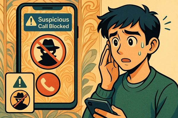 스마트폰 보이스피싱 차단 앱이 의심스러운 전화를 탐지하고 차단하는 장면, 앱 화면은 아르누보풍 배경 위에 표현되고, 캐릭터는 애니메 스타일로 놀란 표정을 짓고 있는 구성