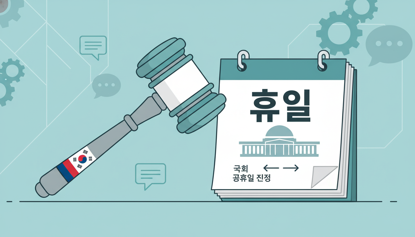 대한민국 국회 공휴일 재지정 법안과 입법 절차를 시각화한 현대적 그래픽 디자인