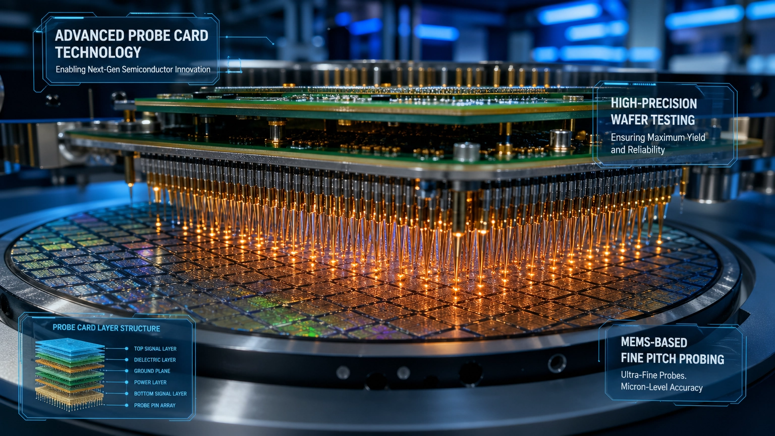 반도체의 동작 성능을 검사하는 핵심 소모품인 프로브카드(Probe Card)의 정밀한 기술력을 시각화한 이미지입니다.
이미지 주요 특징:
초정밀 MEMS 프로브 핀: 실리콘 웨이퍼 위의 미세한 패드와 직접 접촉하여 전기적 신호를 주고받는 수천 개의 마이크로미터(&micro;m) 단위 프로브 핀들을 디테일하게 묘사했습니다.
실시간 웨이퍼 테스트: 핀과 웨이퍼가 접촉하는 지점에서 발생하는 은은한 빛의 펄스를 통해 전기적 성능 검사가 진행되는 역동적인 과정을 표현했습니다.
복합 레이어 구조: 좌측 하단의 오버레이를 통해 신호층, 유전층, 전원층 등 프로브카드를 구성하는 복잡한 다층 PCB 구조를 시각적으로 설명했습니다.
미세 공정 대응 기술: 'Fine Pitch Probing' 기술을 강조하여, 반도체 공정이 미세화됨에 따라 더욱 중요해진 프로브카드의 고부가가치 특성을 담아냈습니다.