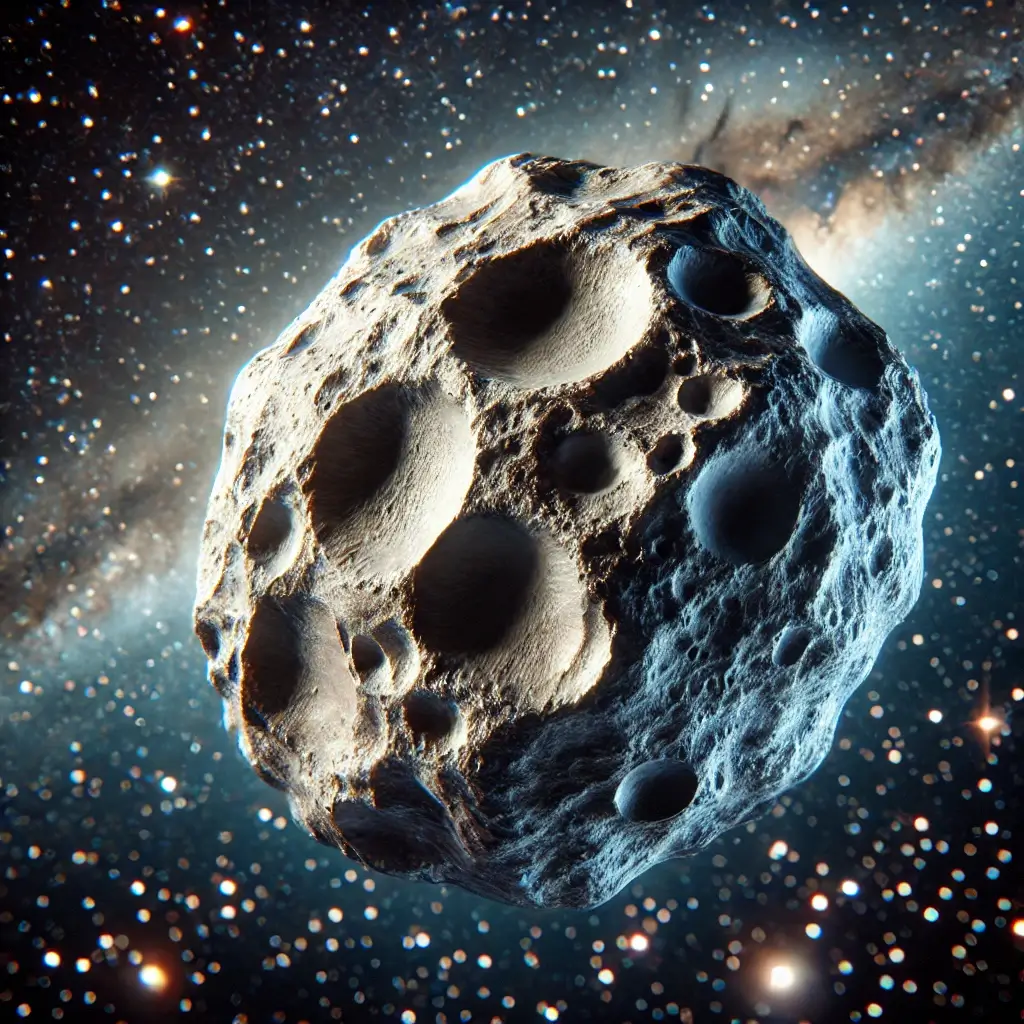 1000경이상 가치의 광물이 매장되어 있는 소행성 프시케의 모습 분화구가 곳곳에 보이며 우주를 떠도는 모습처럼 보인다.