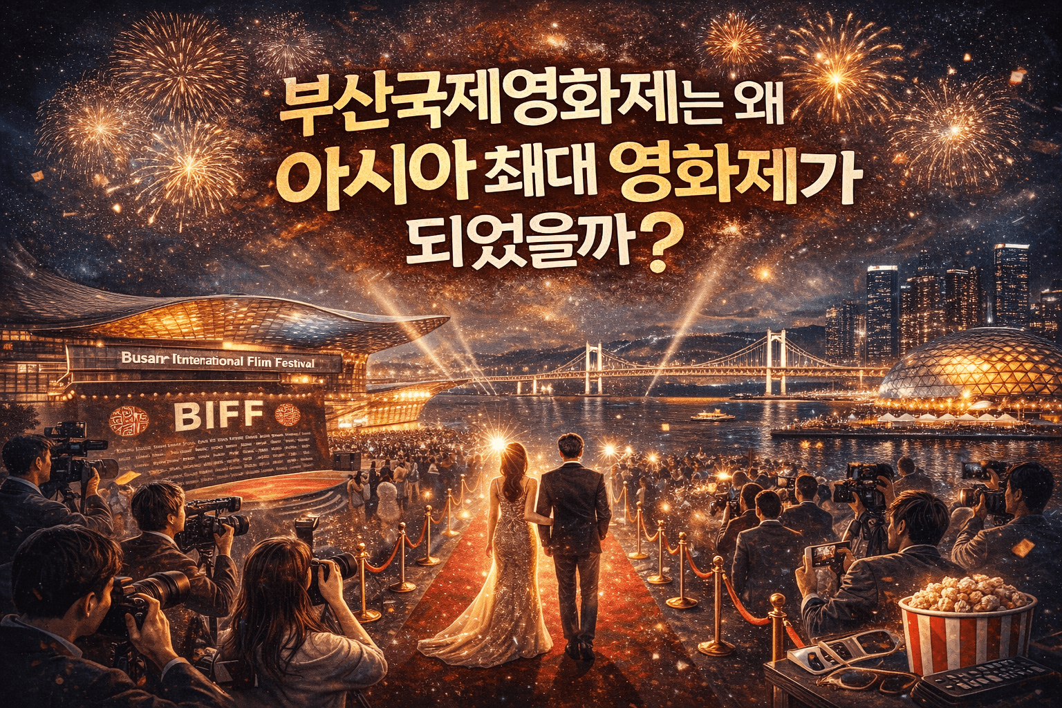 부산 해운대 야경과 부산국제영화제 행사장을 배경으로 불꽃놀이와 레드카펫이 펼쳐진 장면을 담은 이미지로, 중앙에는 &lsquo;부산국제영화제는 왜 아시아 최대 영화제가 되었을까&rsquo;라는 제목이 강조되어 있으며 카메라를 든 기자들과 영화제 관객들이 어우러져 부산국제영화제의 규모와 분위기를 상징적으로 표현하고 있다.