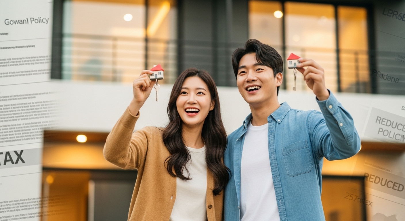 희망찬 표정의 젊은 부부가 아파트 앞에서 환하게 웃으며 주택 열쇠를 들고 있는 모습. 2026년 생애최초 주택 취득세 감면 확대로 내집마련의 꿈을 이룬 행복한 순간을 표현함.