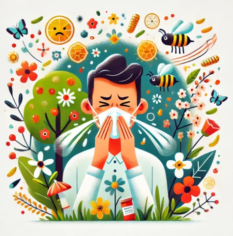 계절성 알레르기를 시각화 한 그림. 꽃가루로 인해 재채기를 하고 눈물이 나는 모습.