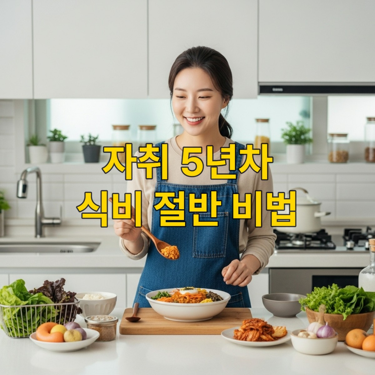 자취 5년차 여성이 깔끔한 주방에서 저렴하고 맛있는 음식을 요리하며 식비를 절약하는 모습. 2025년 식비 절약 노하우를 보여주는 밝고 긍정적인 이미지.